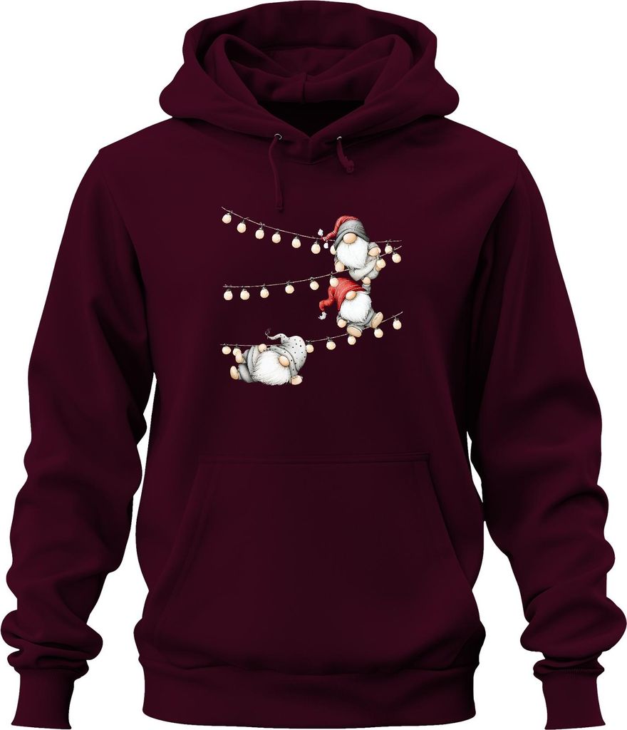 Weihnachtswichtel Gnome Lichterkette Weihnachten Geschenk Skandinavisch Uni Hoodie Kapuzenpullover, Burgundy, 3XL