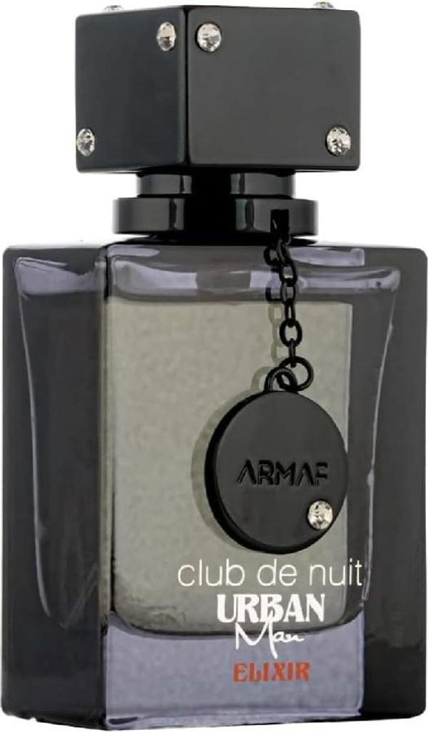 A studio shot of a bottle of Armaf Club de Nuit Urban Man Elixir Eau de Parfum for men.