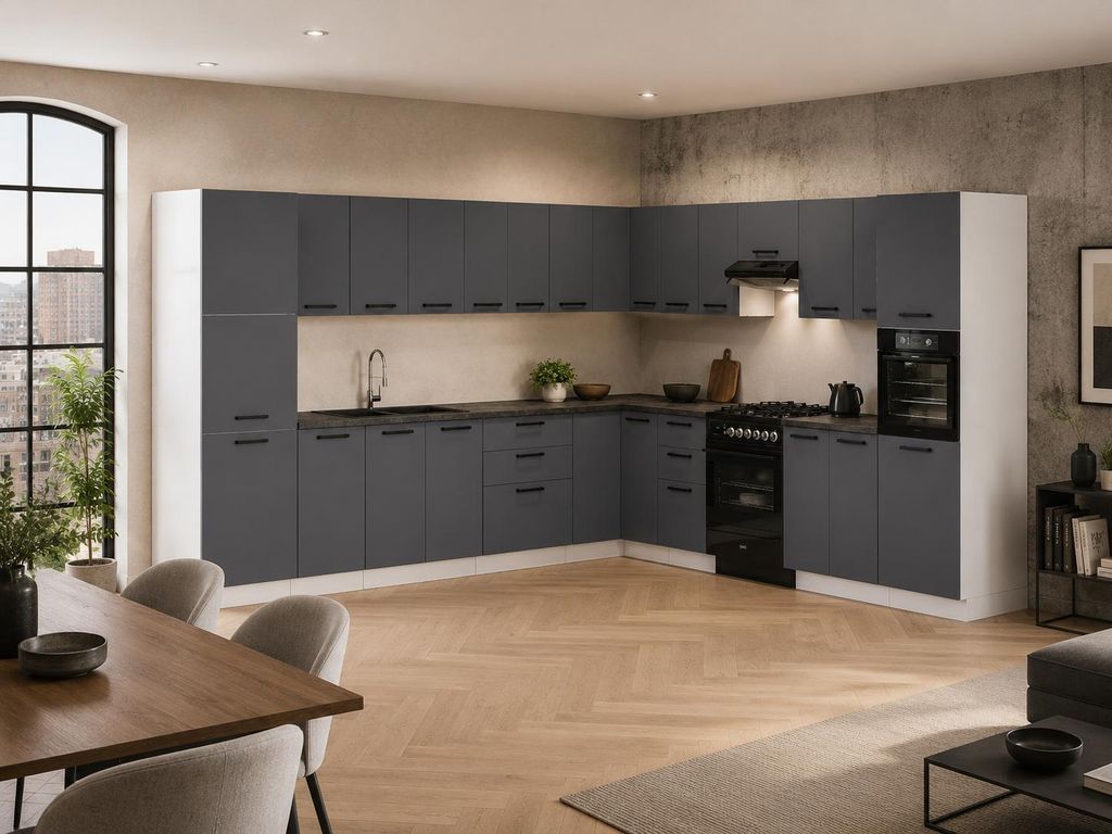ULWEHOME | Eckküche 580 cm Anthrazit, Küchenmöbel-Set Produktbild  KI-generiertes Bild