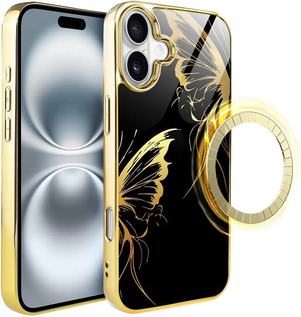 Custodia iPhone 16 Plus Vetro Oro IBIZU Elite MagSafe Ali di Farfalla