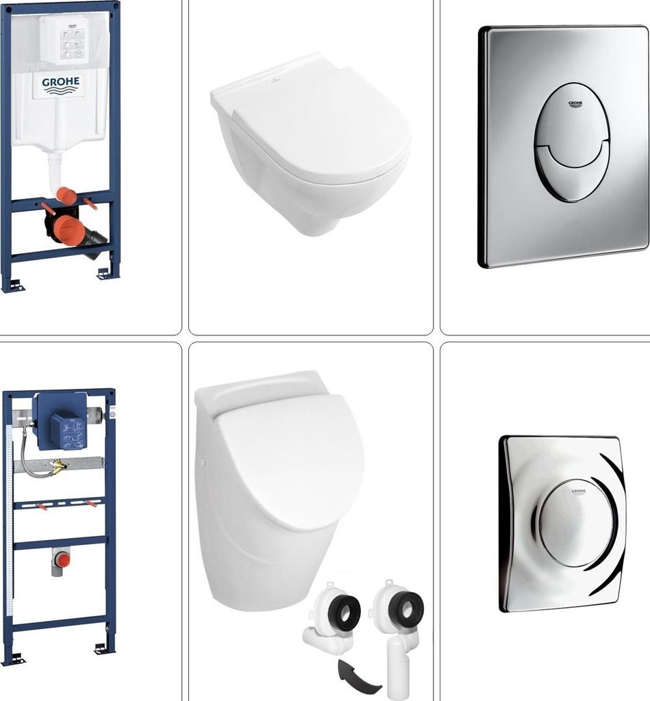 VILLEROY & BOCH O.NOVO Wand WC spülrandlos + SoftClose TakeOff WC-Sitz & Absaug Urinal + Deckel, GROHE Vorwandgestell & Betätigungsplatte in chrom
