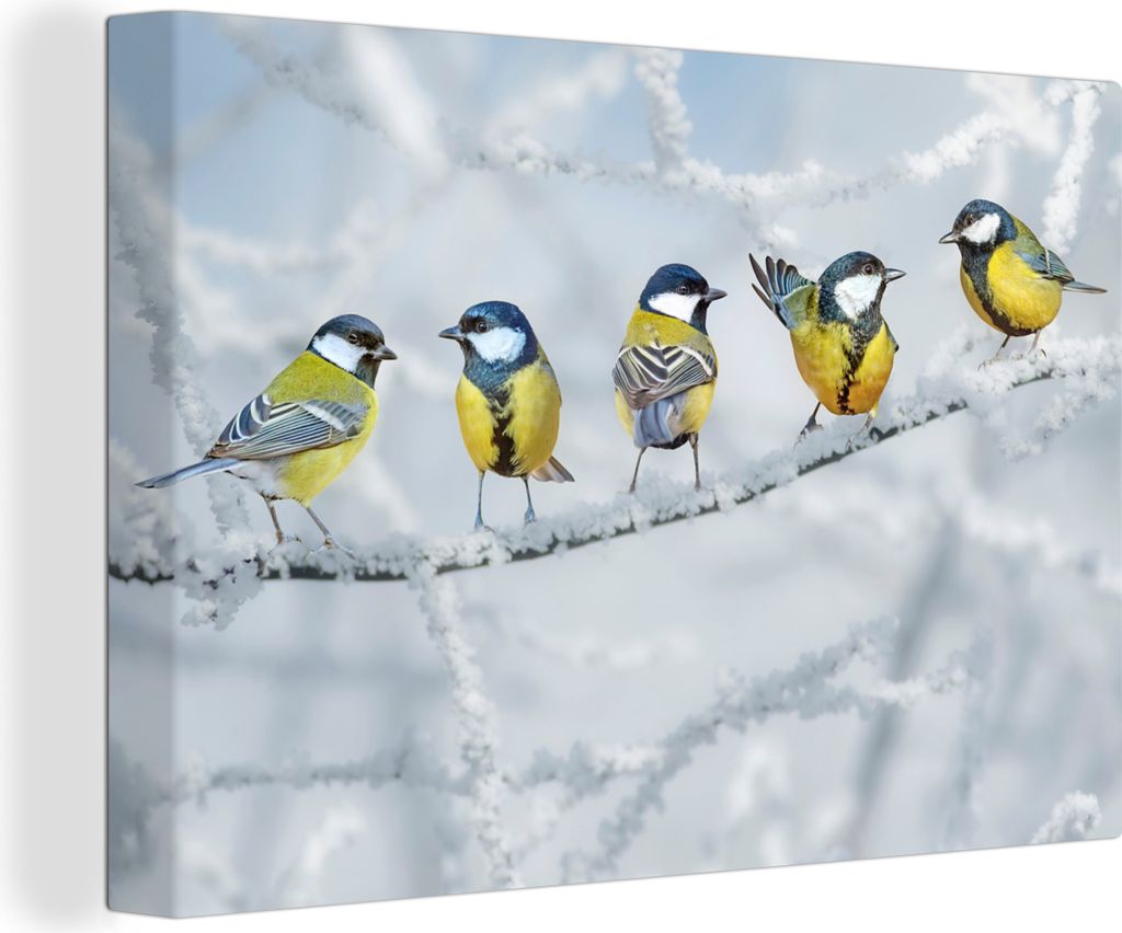 OneMillionCanvasses - Leinwandbilder - 140x90 cm, Vogel - Kohlmeise - Winter - Schnee - Zweige, Wandbilder Kunstdruck Wanddekoration - Foto auf L...