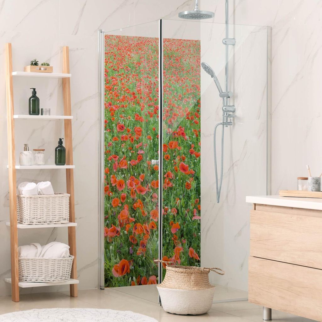 Duschrückwand Blumen selbstklebend - 0.35 mm Wandpaneel wasserfest Mohnblume rot Motiv Badrückwand fugenlos Smart matt 110x200 cm