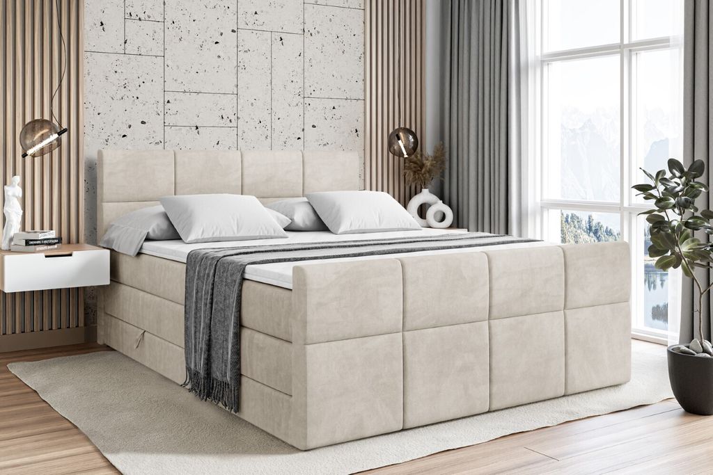 ALTDECOR Boxspringbett mit Fußteil, 2 Matratzen und Topper - 200x200 cm - ARDENI-Z KING - Creme Samt - Polsterbett mit, H3- und H4- Matratzen, Bet...