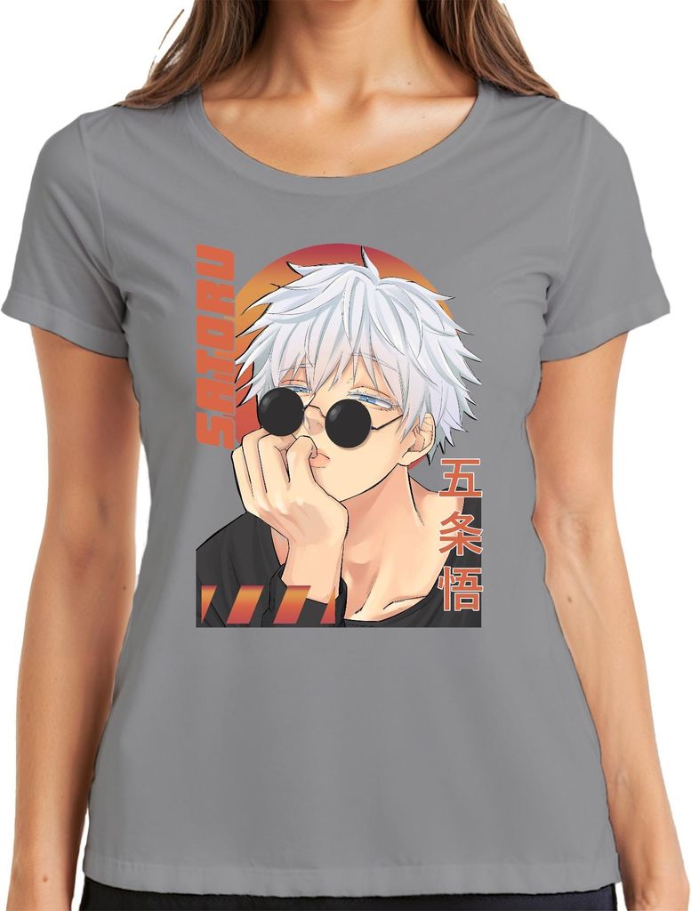 Gojo Satoru Jujutsu Kaisen Anime Sonnenbrille Weißhaar Geschenk Damen T-Shirt, Grau, 3XL