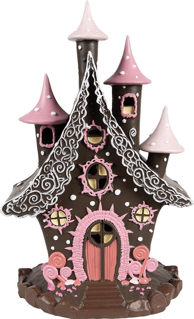 Clayre & Eef Lebkuchenhaus mit LED 16x13x26 cm Braun Rosa Polyresin