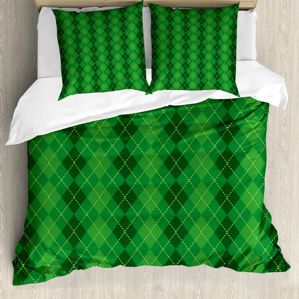 ABAKUHAUS Copripiumino irlandese, plaid tartan, antiacaro, adatto a chi soffre di allergie, con federe, 200 cm x 200 cm - 80 x 80 cm, verde scuro, giallo