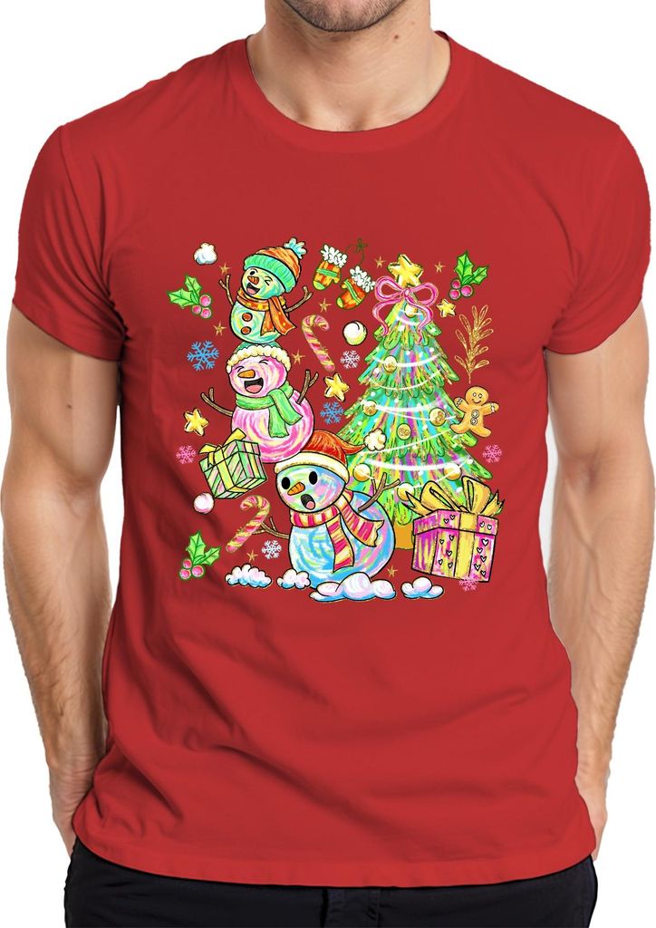 Weihnachten Schneemann Tannenbaum Zuckerstange Lebkuchen bunt Herren T-Shirt, Rot, M