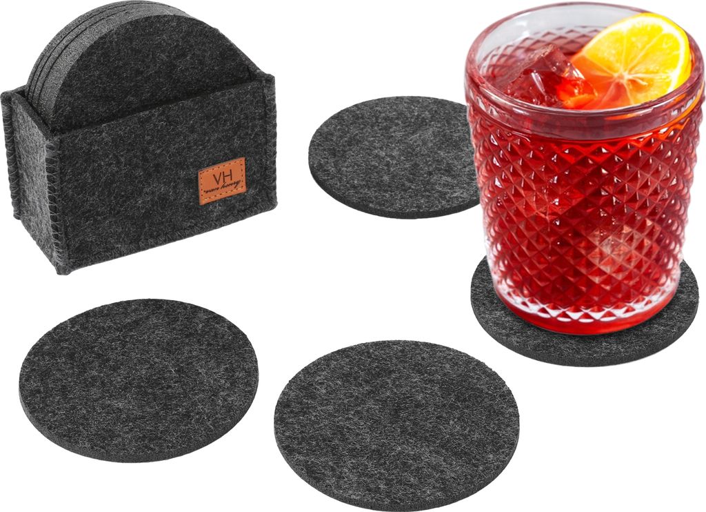 Van Henry Filz-Glasuntersetzer rund - Filz Untersetzer in dunkelgrau für Gläser, Tassen und Vasen - 12er Pack inkl. Box - 10 cm Durchmesser