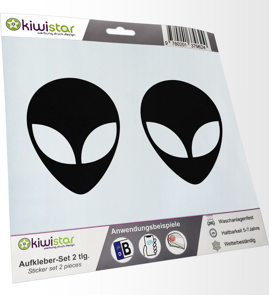Kiwistar - 2x Kennzeichenaufkleber - schwarz - 21 mm Alien - Außerirdischer - Autoaufkleber - Aufkleber für Auto, Laptop, Fahrrad, LKW, Motorrad ...