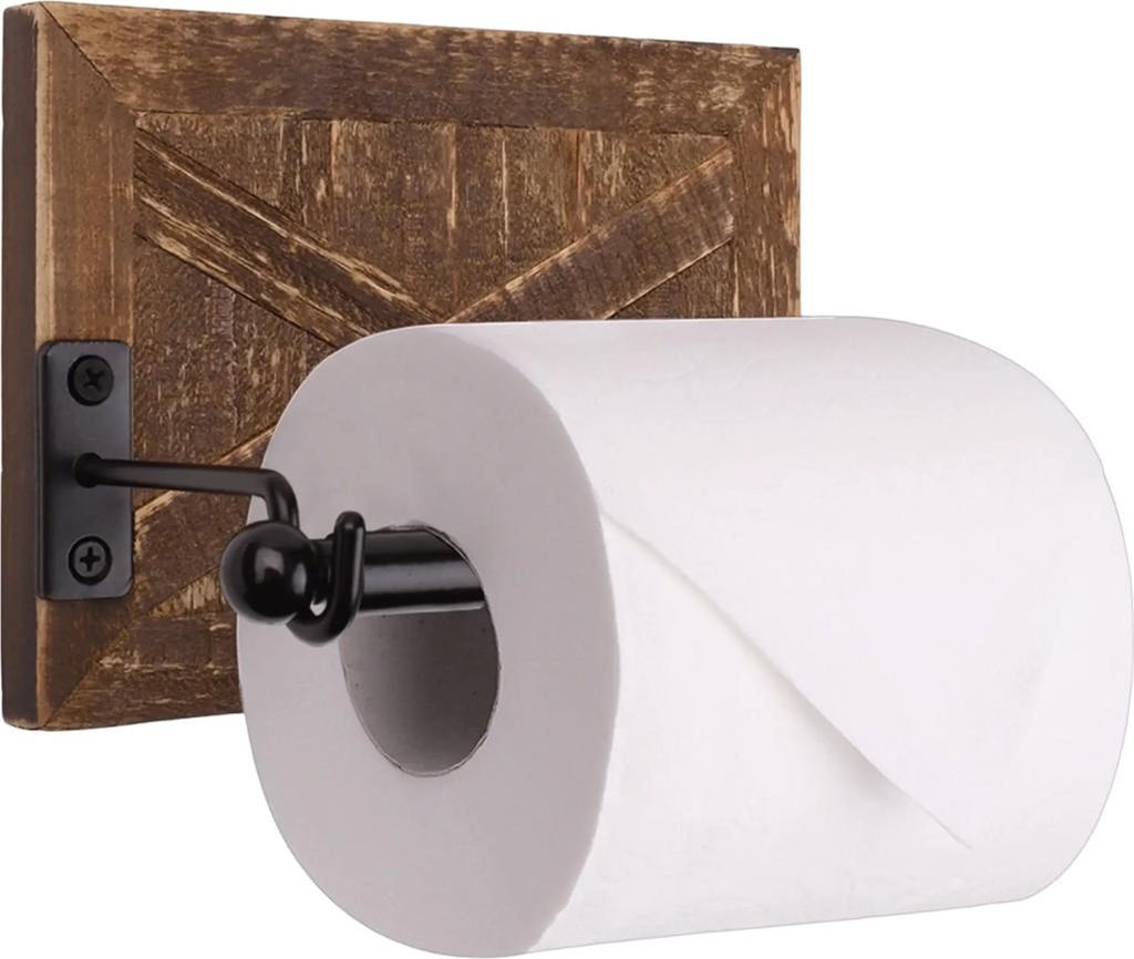 Toilettenpapierhalter aus Holz – Landhaus-Badezimmerdekor – Badezimmerzubehör mit warmem braunem Holz und schwarzem Metall