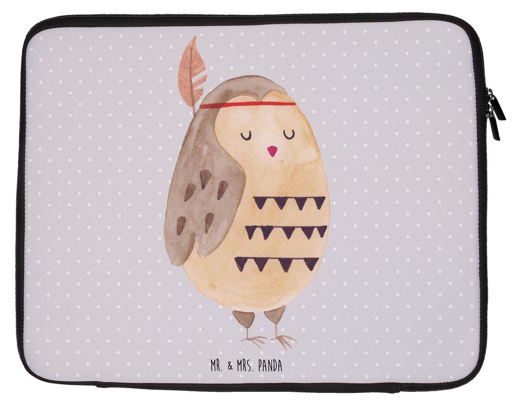 Mr. & Mrs. Panda Laptop Tasche Eule Federschmuck 27 x 36 cm - Grau Pastell - Geschenk, Laptophülle, Dekoration, Hülle, Case, Owl, Laptoptasche, A...
