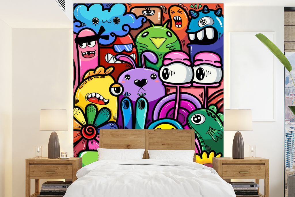 MuchoWow Fototapete für Wohnzimmer oder Schlafzimmer Wandtapete Vinyl Motivtapete Monster - Blumen - Regenbogen - Design - Lustig - Kinder - 175...
