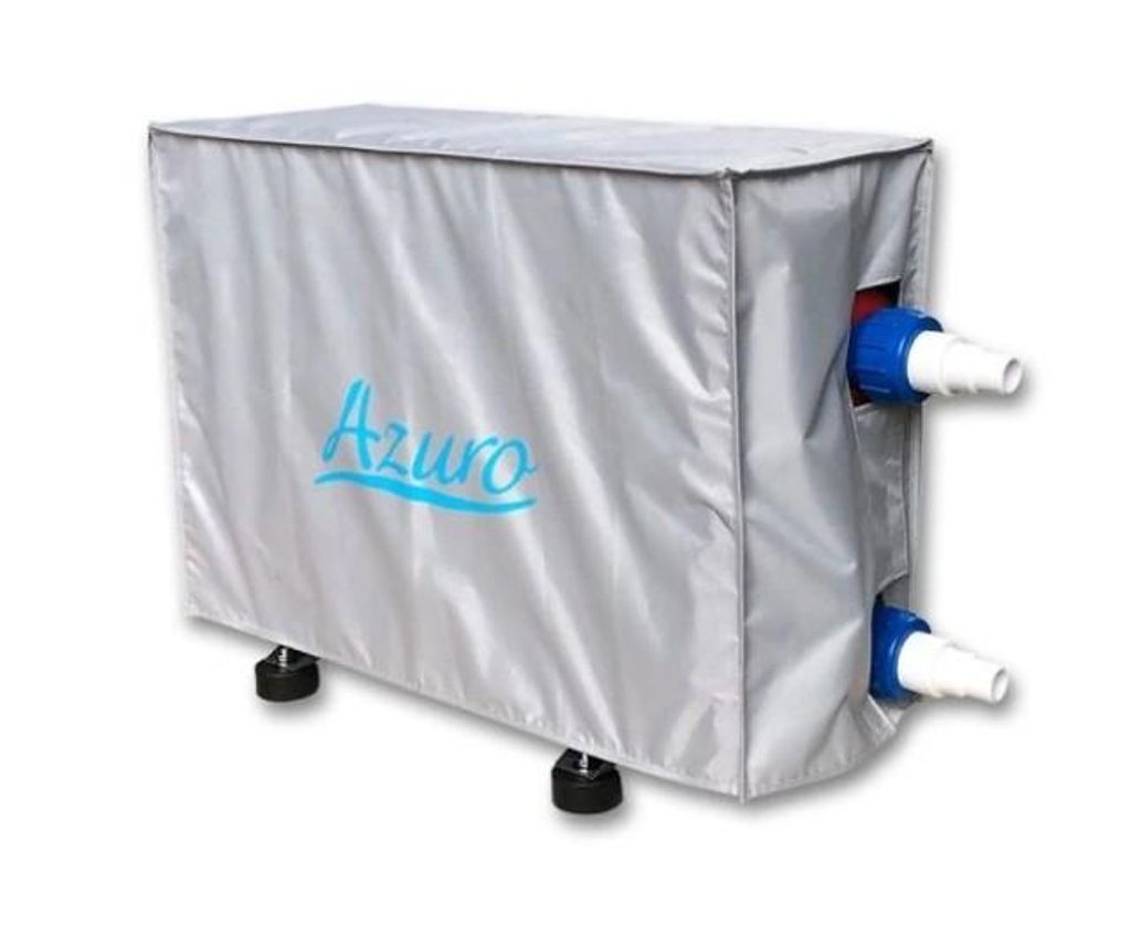 A silver cover for a heat pump with the brand name 'Azuro' printed on it.