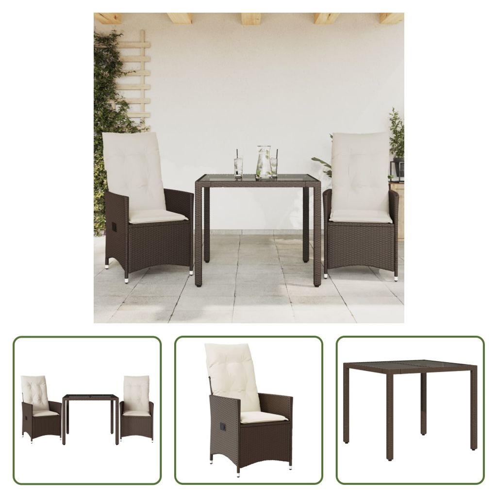 The Living Store 3-tlg. Bistro-Set mit Kissen Braun Poly Rattan