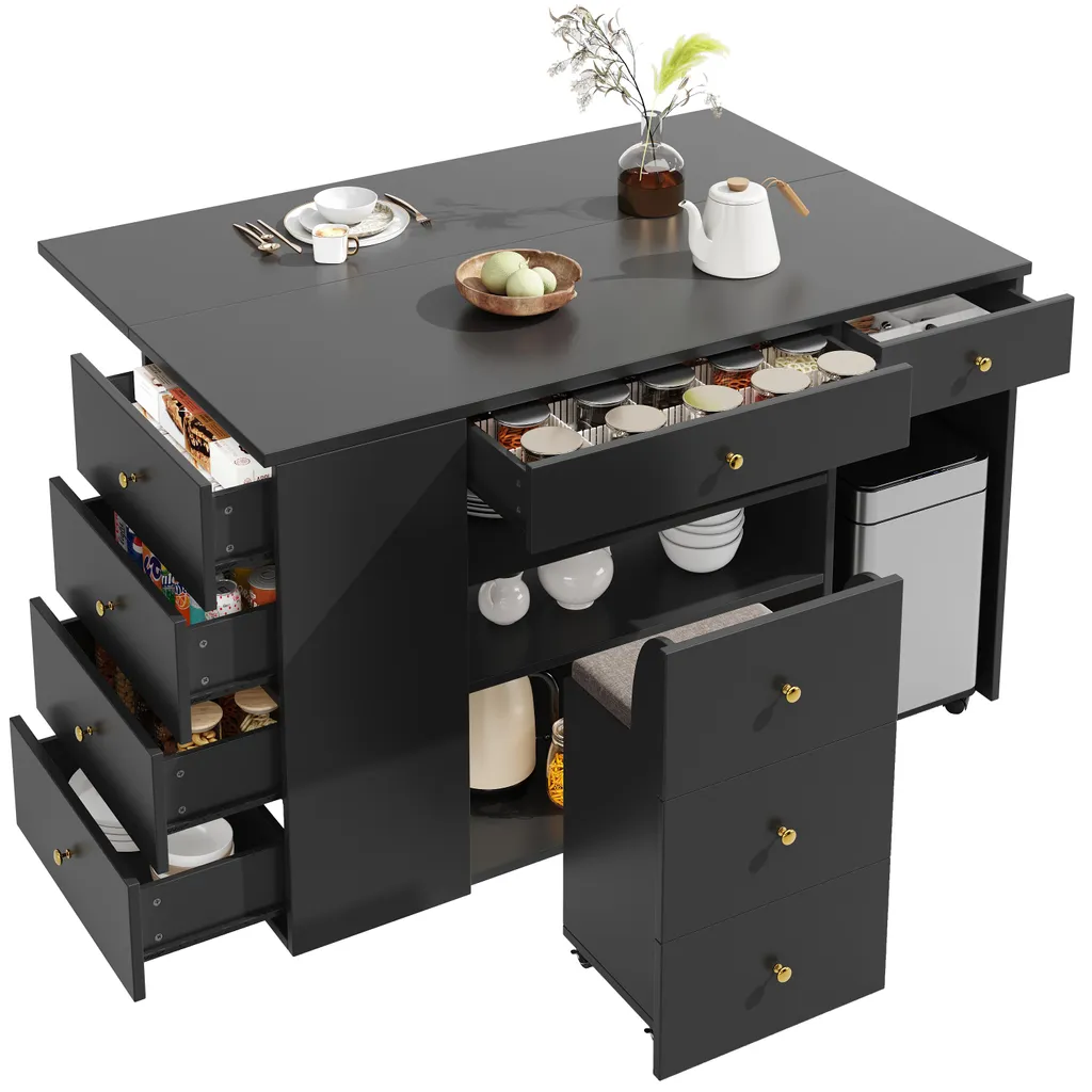 Meuble gain de place pour cuisine : îlot extensible 140 cm avec tiroirs
