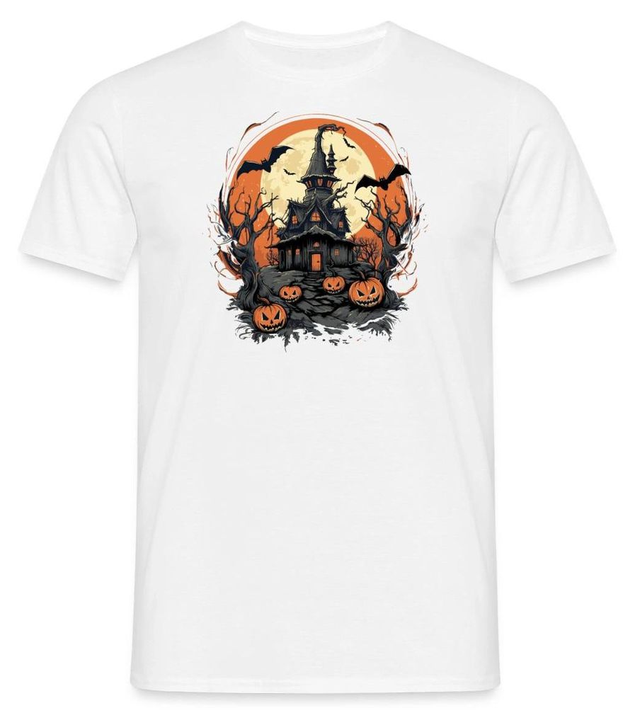 Spreadshirt Halloween Spukhaus Mit Kürbissen Und Vollmond Männer T-Shirt, XXL, Weiß