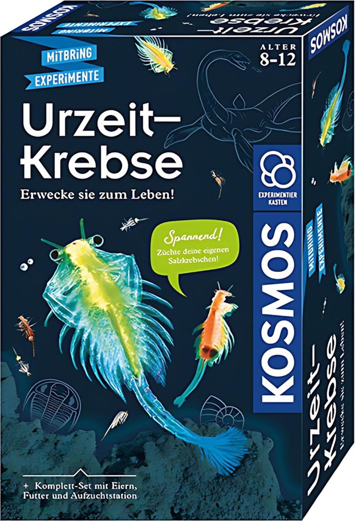 The image shows the packaging of a KOSMOS Urzeit-Krebse (Triassic Crustaceans) experiment kit.
