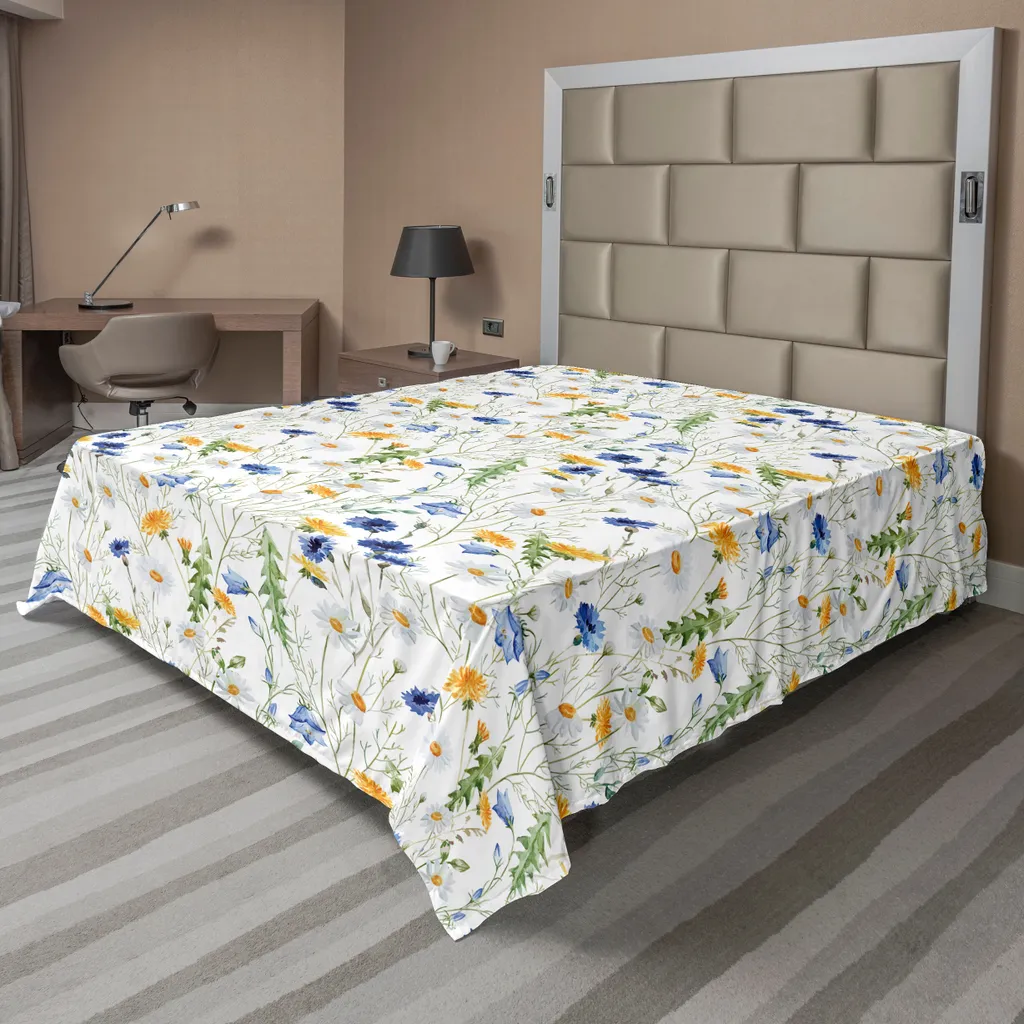 Drap plat doux en microfibre motif coquelicots et marguerites jaune