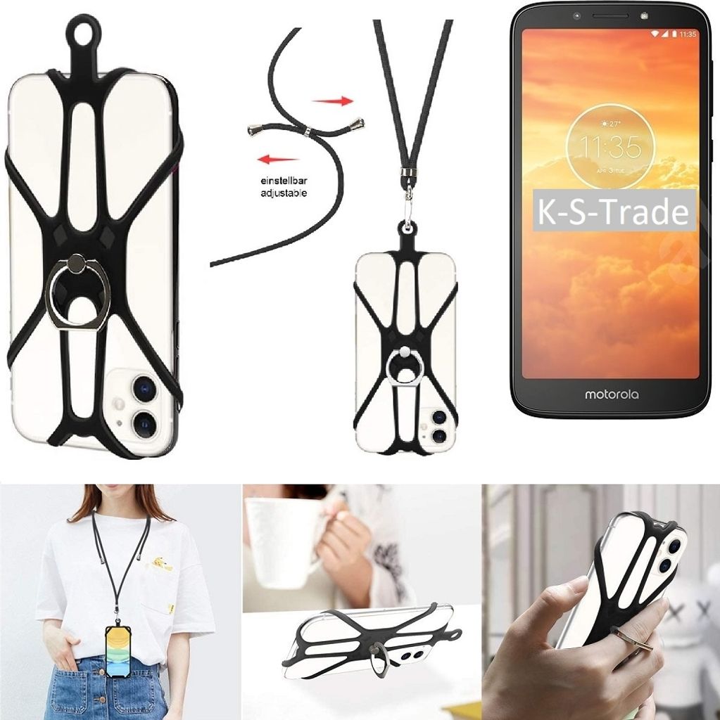 K-S-Trade 3in1 Handykette Handyband Handykordel Halsband Smartphone-Ring Handy-Ring kompatibel mit Motorola Moto E5 Dual SIM Fingerhalterung Handyring