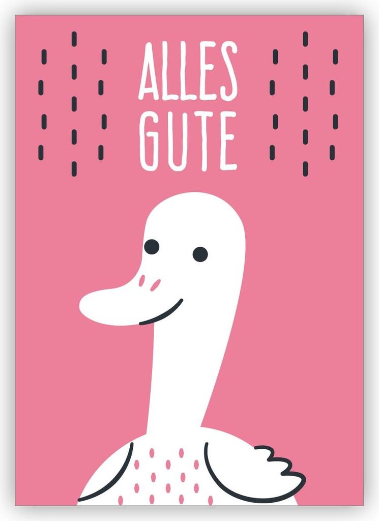 Süße rosa Glückwunschkarte mit Retro Ente auch zum Geburtstag: Alles Gute