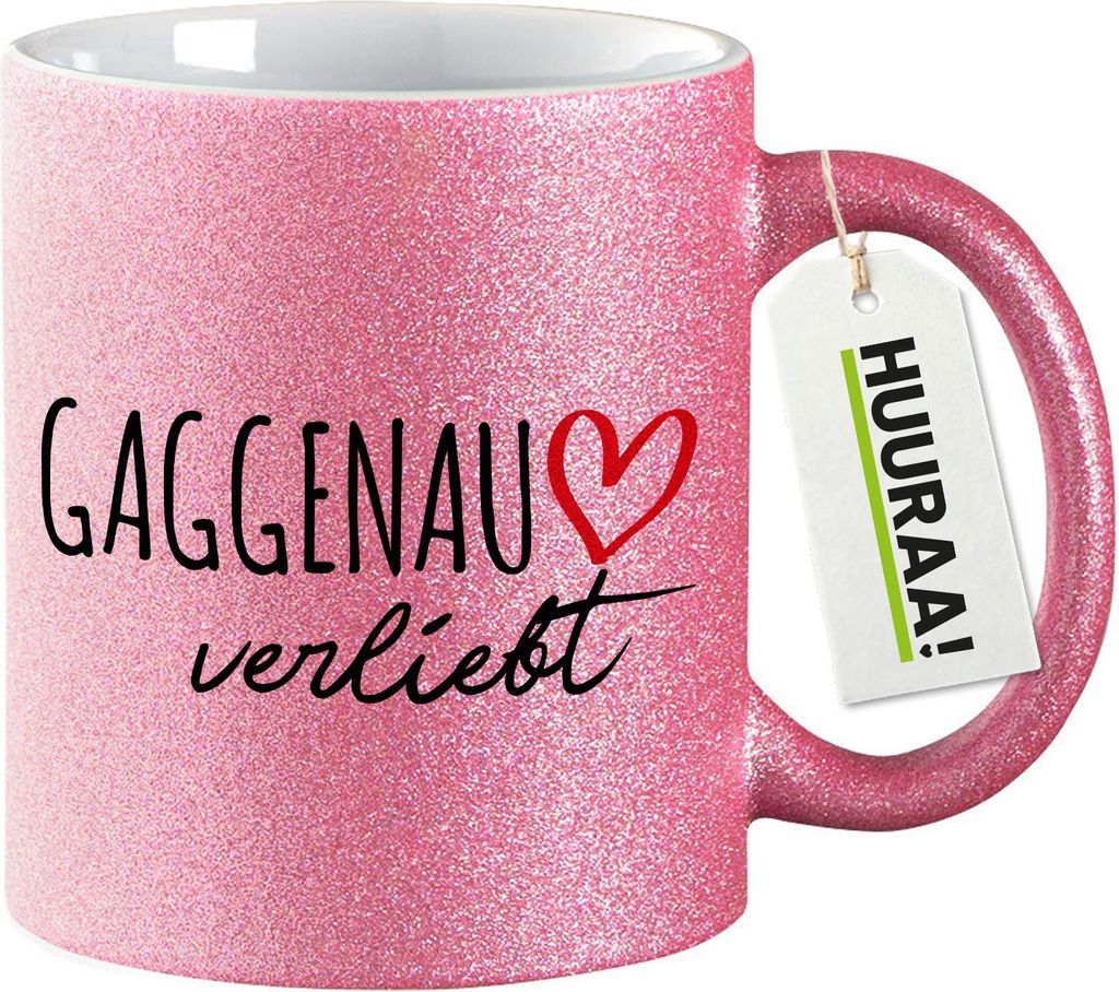 Huuraa Glitzertasse Gaggenau verliebt 330ml Pink Keramik Kaffeebecher Geschenkidee