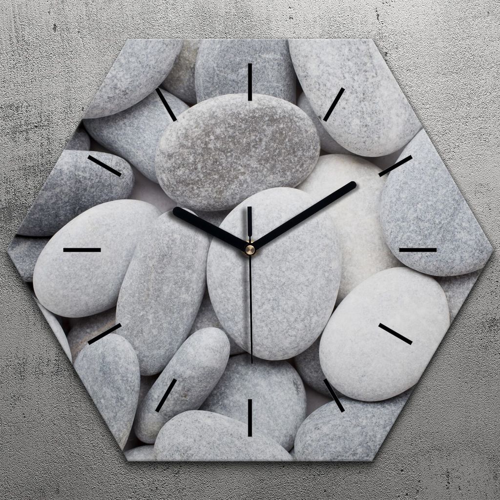 Uhr hexagonal 40 cm Glas Geräuschlos schwarze Zeiger - Natural Steine Motive