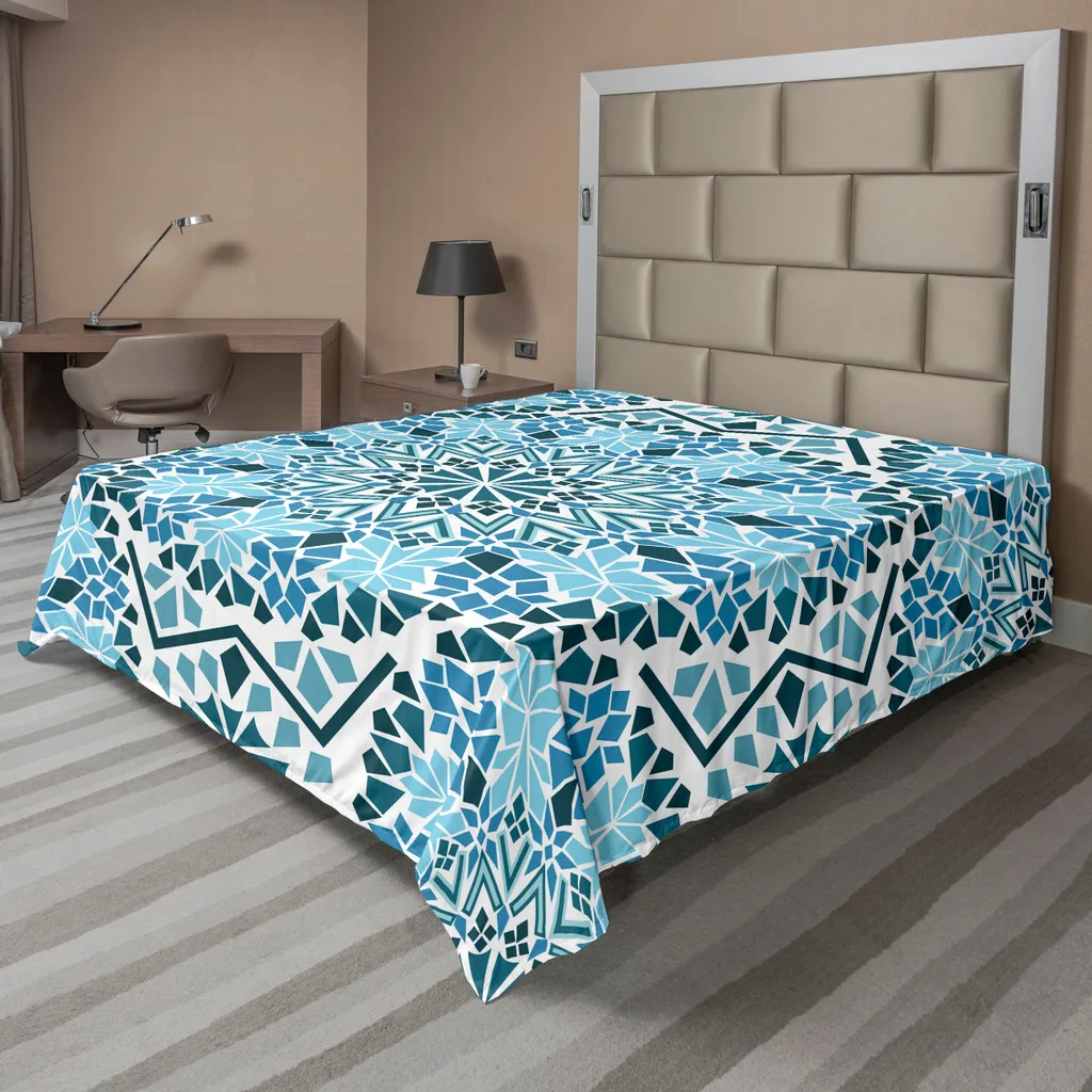 Drap de Dessus Décoratif Motif Oriental Mosaïque Bleue et Blanche Coton