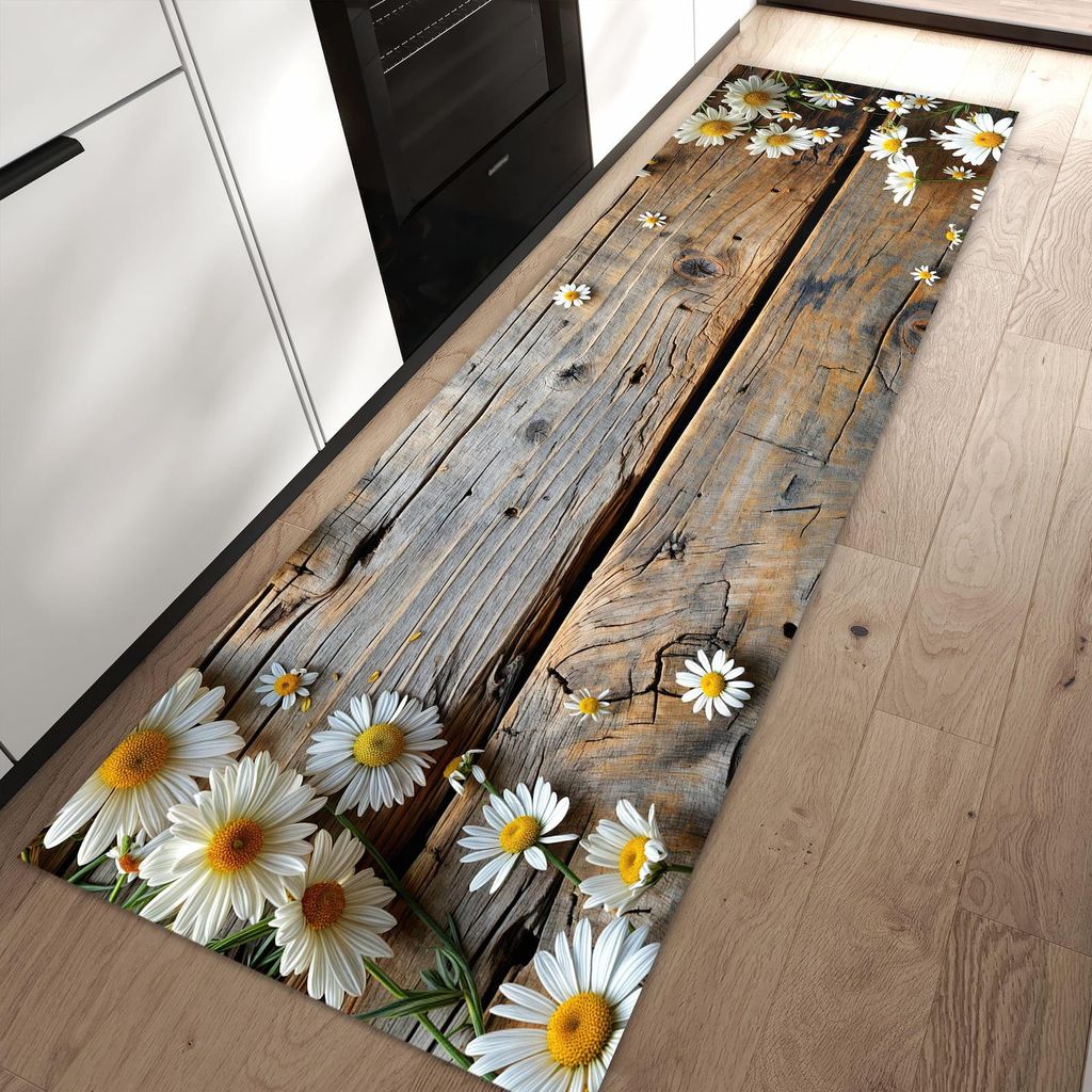 Küchenteppich 80x250cm rutschfest & abwischbar PVC Läufer - Holz und Gänseblümchen