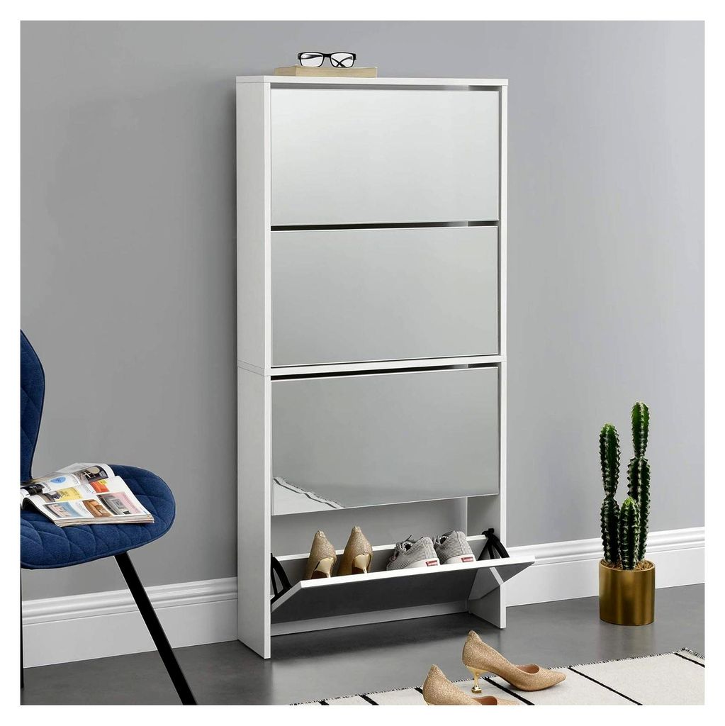 Schuhkipper Vogar Schuhschrank mit 4 Klappen, verspiegelt, für 12 Paar Schuhe, 134 x 63 x 17 cm, Schuhaufbewahrung in Weiß