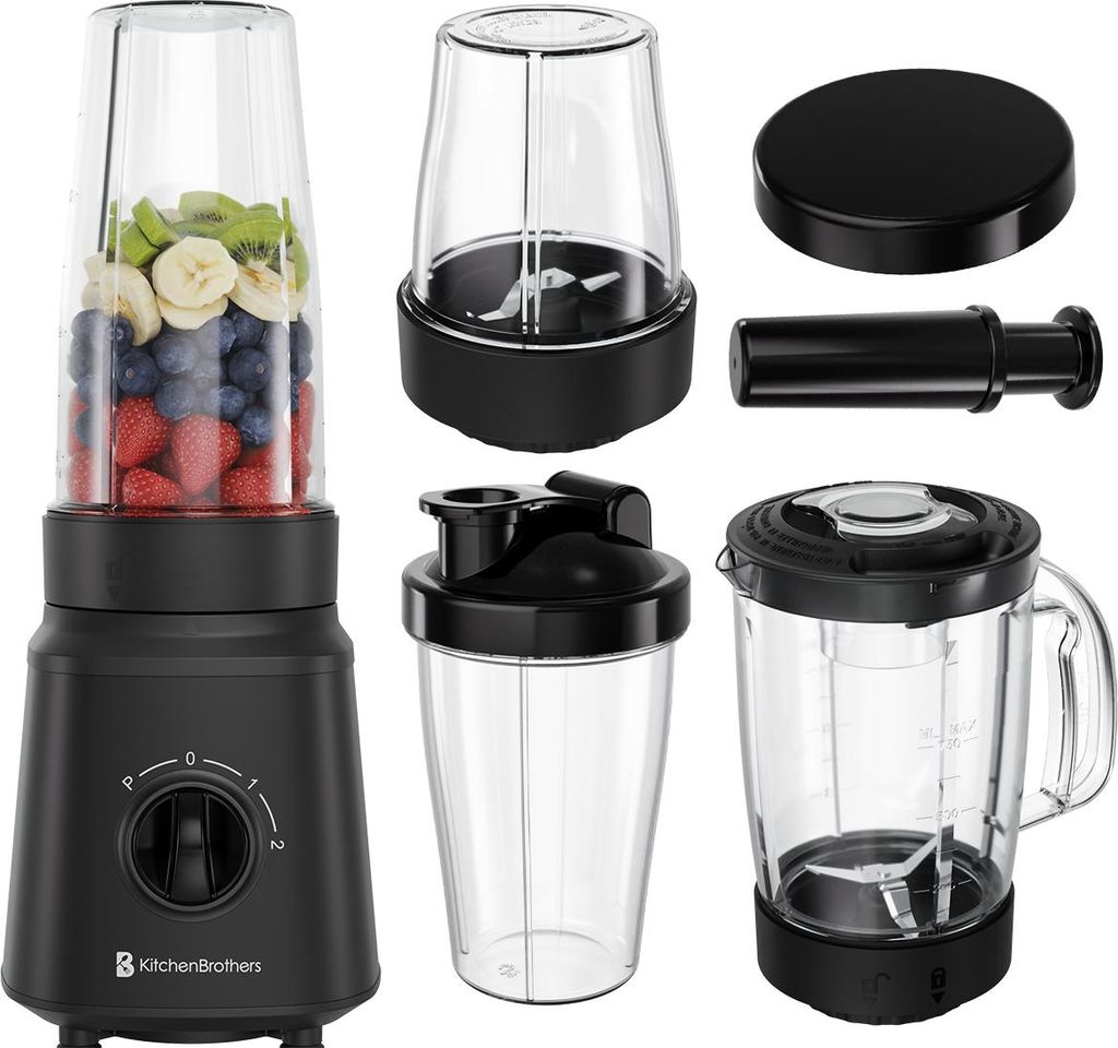 KitchenBrothers Standmixer - Komplettset - 2x 750ml Behälter - Zerkleinerer - Stampfer - To-Go Becher - Schwarz