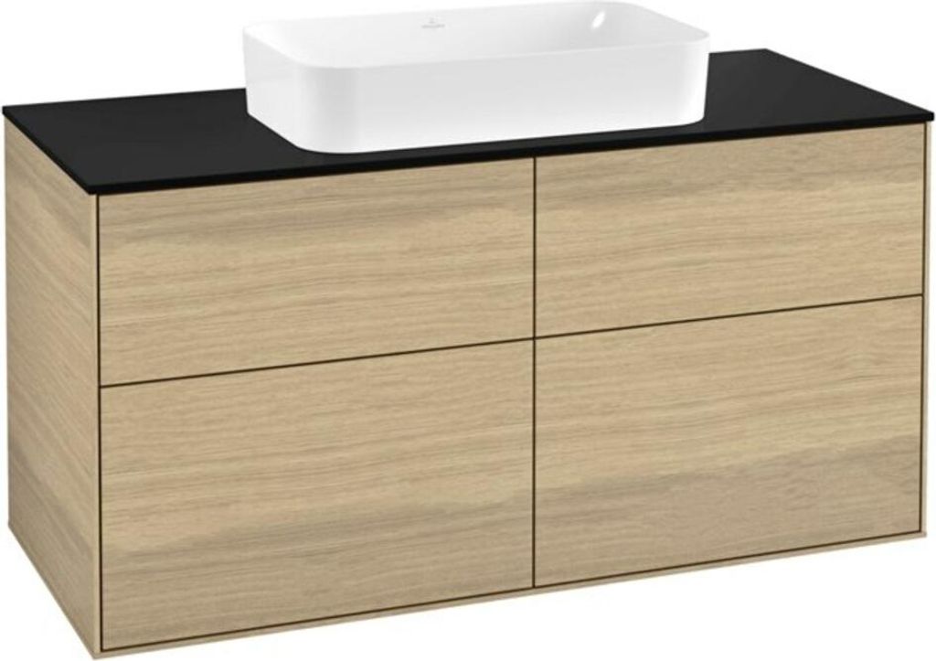 Villeroy & Boch Finion Waschtischunterschrank, 4 Auszüge, Waschbecken mittig, mit Hahnloch, 1200x603x501mm, Glass Black Matt, F26200PC