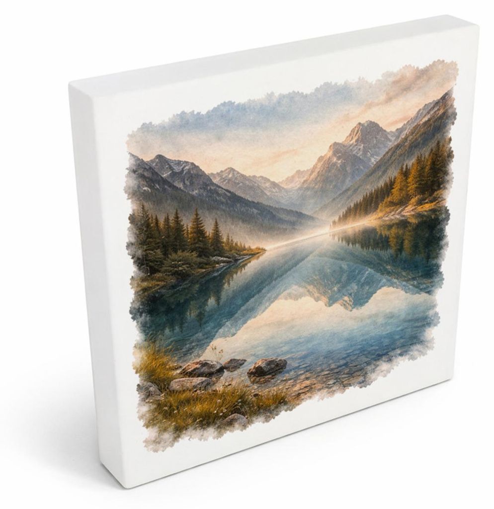 Licht der Berge Bergsee Holzbild in 10x10 cm zum Stellen oder Aufhängen