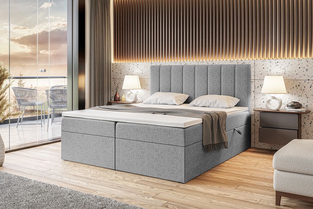 MEBLINI Boxspringbett mit Bettkasten - Gepolstert Doppelbett mit Matratze und Topper - Polsterbett mit Stauraum - Bett mit Kopfteil - Stauraumbett ...