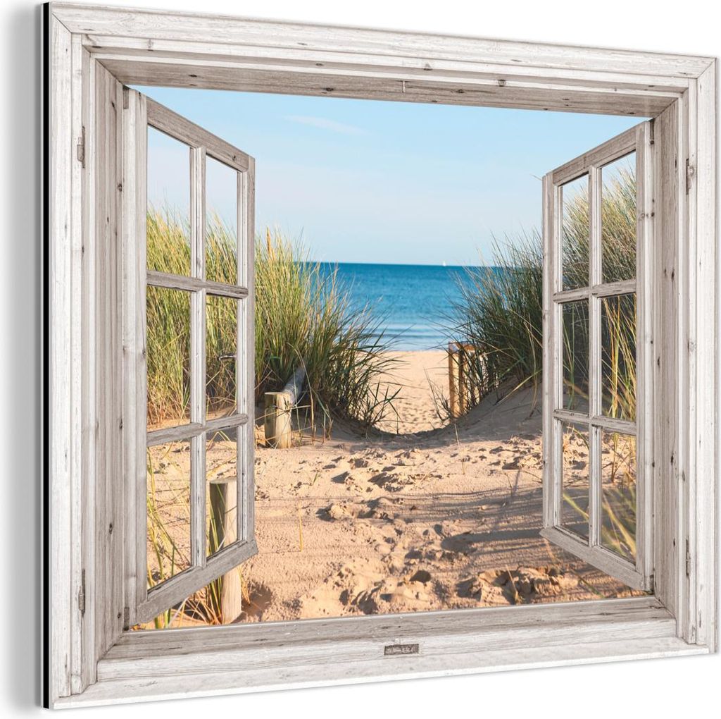 MuchoWow Wanddekoration Metall Metallbild Wandkunst 40x30 cm Durchblick - Strand - Meer - Dünen - Sand - Wasser - Hochgras MuchoWow Aluminium Gem...