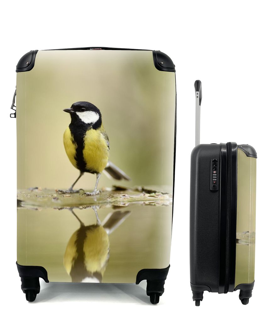 MuchoWow Koffer Handgepäck Trolley Rollkoffer Kleine Reisekoffer mit 4 Rollen - Große Meise spiegelt sich im Wasser - Cabin Size < 55x40x23 cm ...