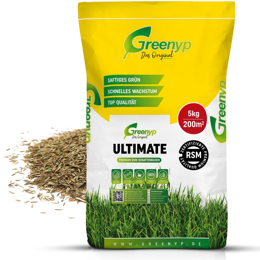 Greenyp Ultimate I Premium RSM Schattenrasen mit 100% RSM Gräser I 5kg für 200m² I Nachsaat Grassamen Rasensamen Rasensaat Gras für schattige...