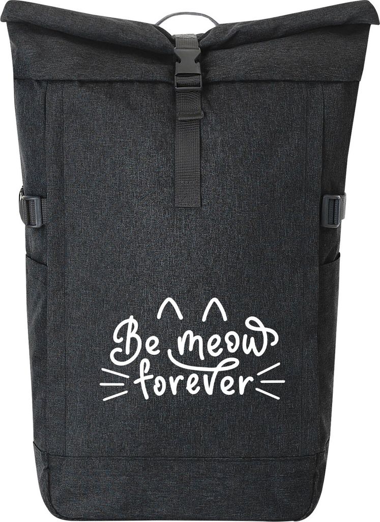 Huuraa Kurierrucksack Be meow forever Katze 30-44 Liter Black Melange Fairtrade Rolltop Rucksack Geschenkidee