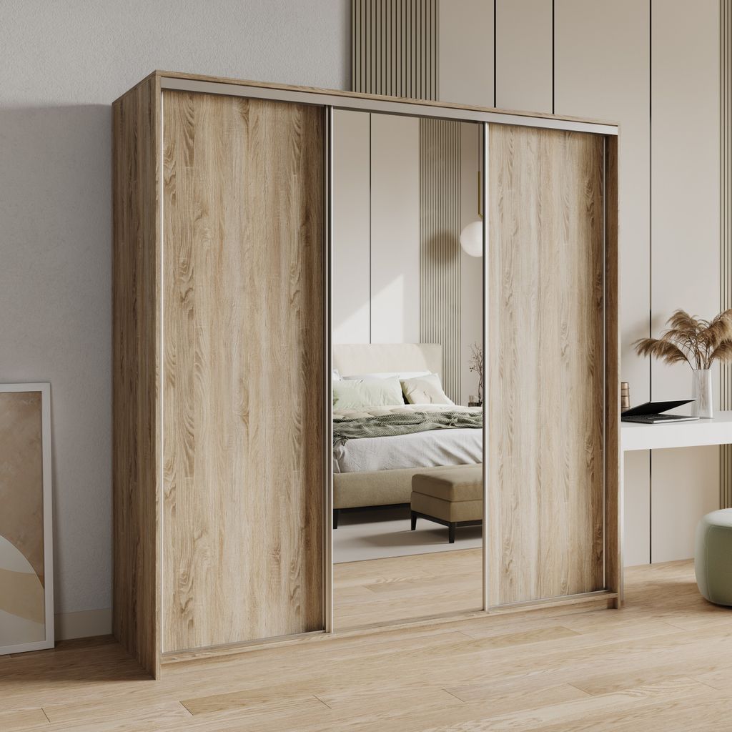Masseno Schiebetürenschrank TAVI 200/205/60 cm Kleiderschrank mit Schubladen Schlafzimmer Schrank 3-türig mit Spiegel Sonoma Eiche + Satin