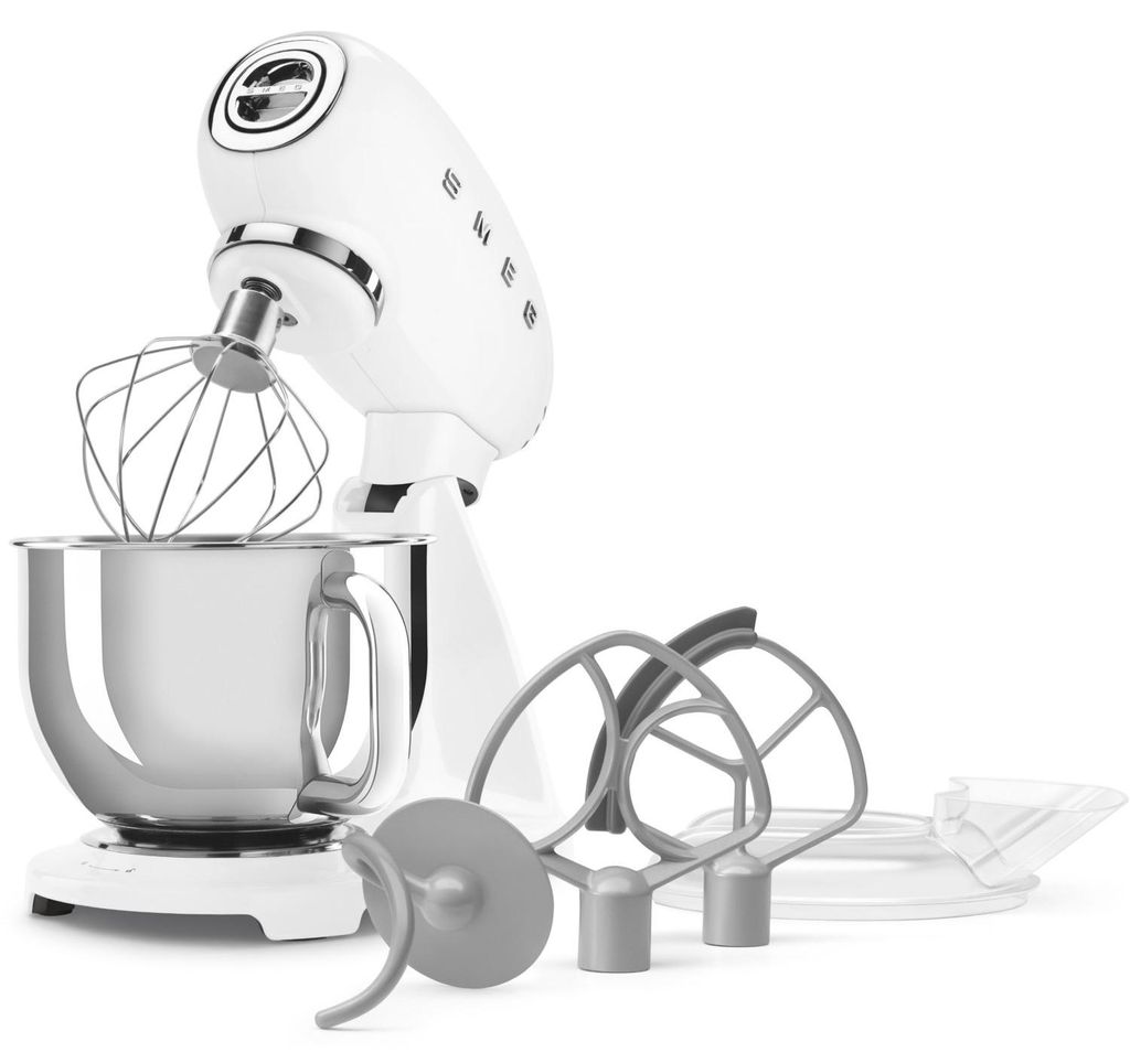 SMEG SMF05WHEU Küchenmaschine weiß im 50's Style, 1000 Watt, 4,8 Liter Rührschüssel u. Zubehör