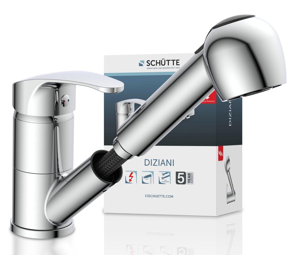 SCHÜTTE Küchenarmatur DIZIANI mit Geschirrbrause, Niederdruck Armatur Küche, schwenkbarer Wasserhahn Küche, Mischbatterie Küche