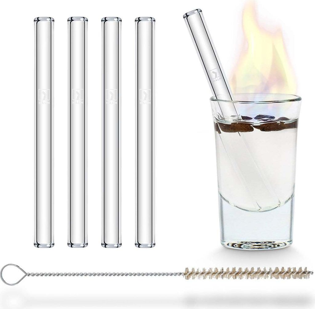 HALM Glasstrohhalme Wiederverwendbar Trinkhalm - 4 Stück kurz gerade 10 cm + plastikfreie Reinigungsbürste - Spülmaschinenfest - Glastrinkhalme ...