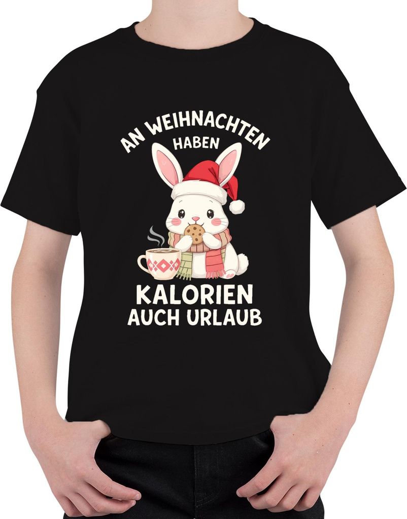 An Weihnachten Kalorien haben Urlaub Weihnachtshase Keks Geschenk Uni Kinder T-Shirt, Schwarz, 140