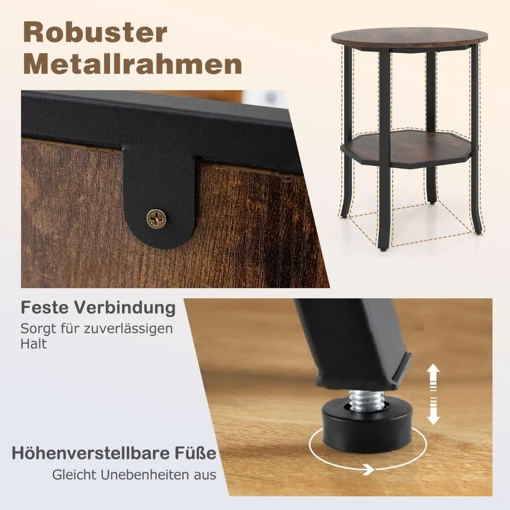 Bout de canapé rond marron rustique, petite table basse avec rangement