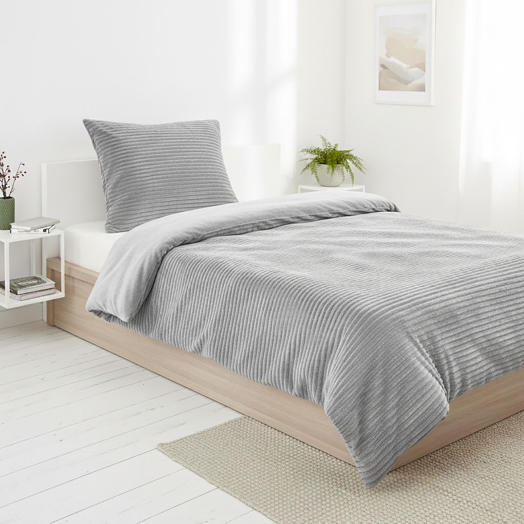 Ripp Bettwäsche 135x200 cm Silber Grau 100% Polyester Kuschelig Weich 2-teilig Bettbezug Kissenbezug