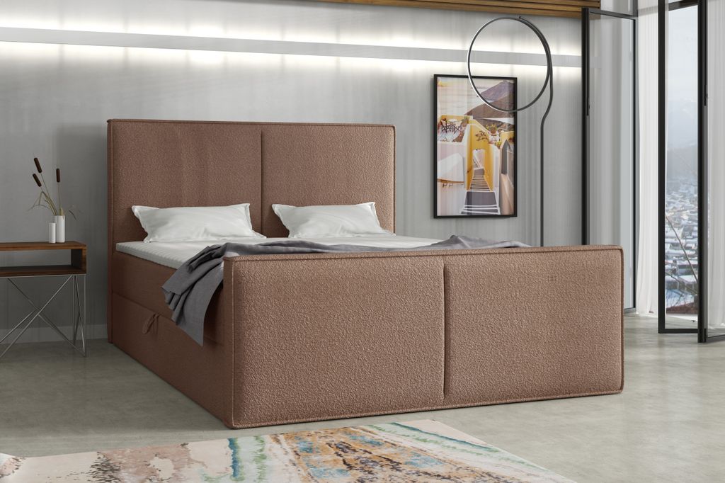 Emoebel24 Boxspringbett mit Topper und Bettkasten, Polsterbett, Doppelbett, Bett 140x200 cm Calipso Braun