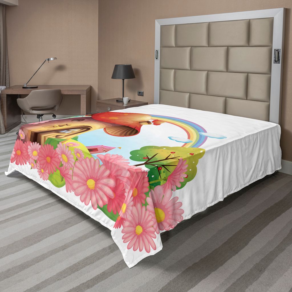 ABAKUHAUS Pilz Bettlaken, Kleines Shroom Haus im Garten der Blumen Regenbogen Obstbaum Zirkus Zelt Ballone, weiches bequemes oberes Bettlaken für ...