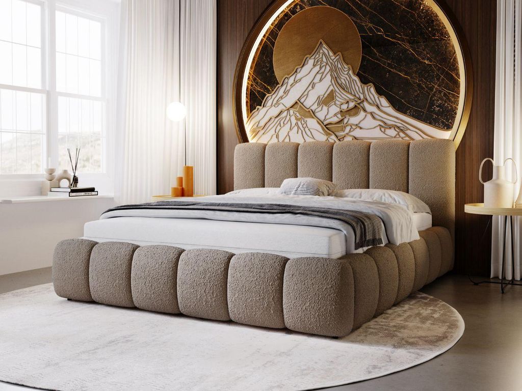 GrainGold Polsterbett Cloud 160x200 cm - Bett 160x200, Polsterbett mit Lattenrost - Bett ohne Bettkasten - Bett mit Bouclé-Stoff - Braun