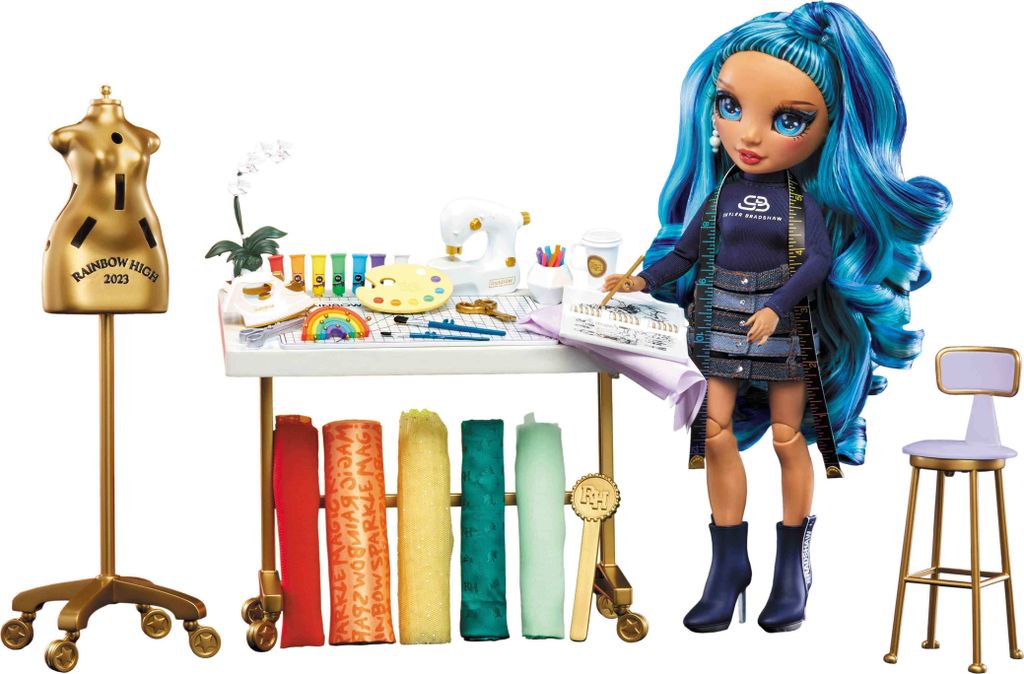 A doll and her fashion design studio playset.