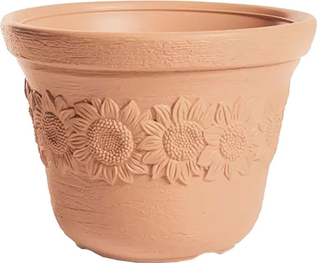 A terracotta pot with a sunflower design.